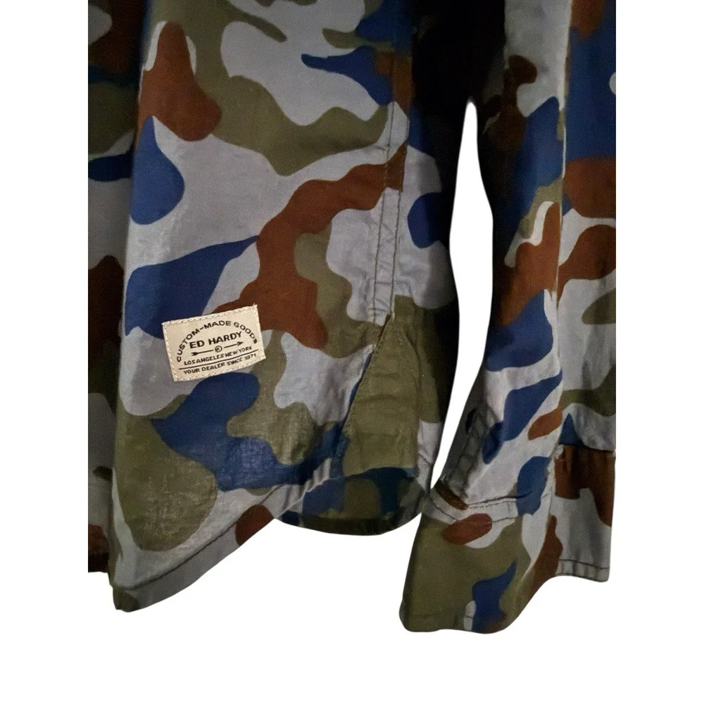 Ed Hardy Archive Y2K Camo Button Up Shirt‎ Mens L Slim Fit Tattoo Streetwear
